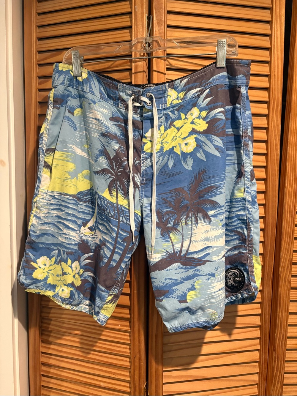 O’Neill Men’s Board Shorts size 34 Blue Hawaiian Palm Trees Beach Swim Trunks
